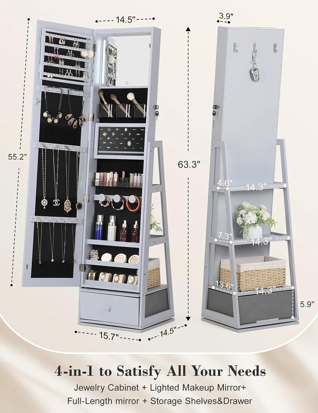 🩸360° Swivel Jewelry Cabinet with Lights, Touch Screen Vanity Mirror, Rotatable Full Length Mirror with Jewelry Storage, Standing Jewelry Armoire Organizer, Foldable Makeup Shelf,