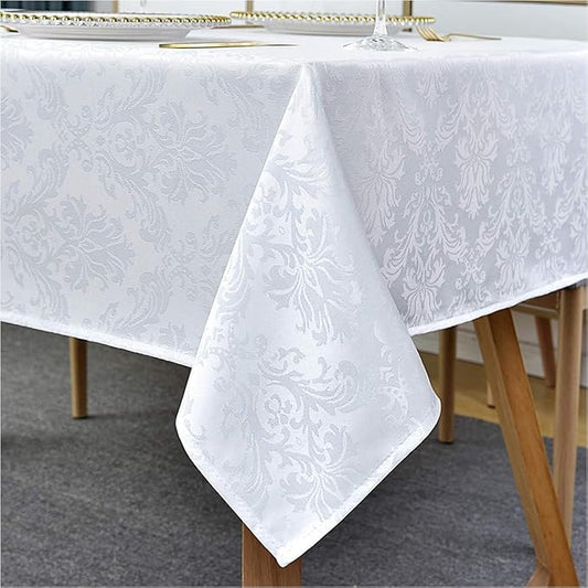 Rectangle Table Cloth - 60 x 120 Inch White Jacquard Tablecloths Damask Design Spillproof Wrinkle Resistant Shrinkproof Soft Tablecloth Polyester Oblong Table Cover for Kitchen Dinning Party Tabletop