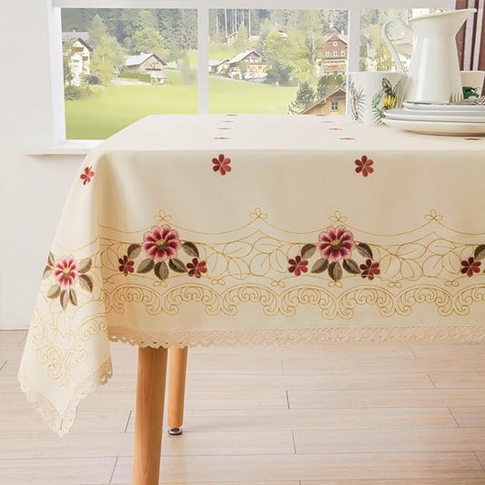 Decorative Red Floral Print Lace Water Resistant Tablecloth Wrinkle Free and Stain Resistant Fabric Tablecloths for Kitchen Room 60 Inch by 84 Inch