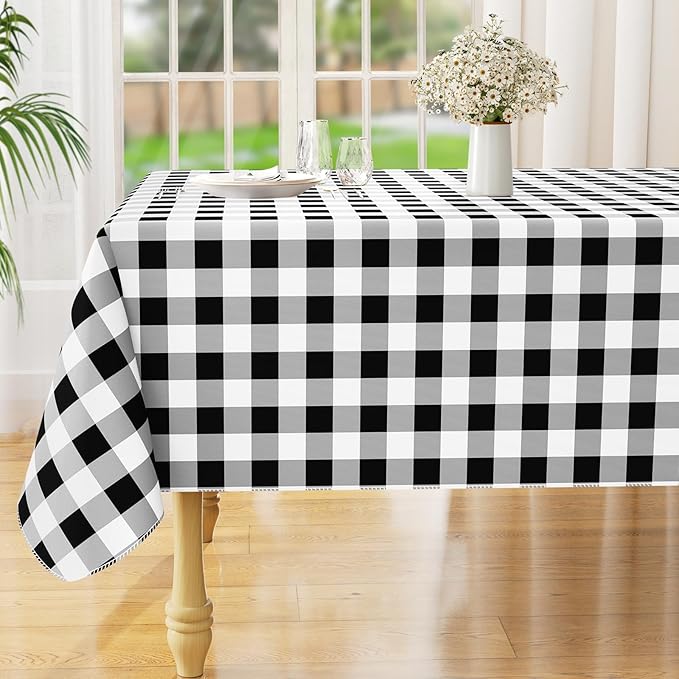 Rectangle Waterproof Vinyl Table Cloth, Buffalo Flannel Backed Tablecloth, Wipeable Plastic Table Cover for Dinner, Kitchen, Outdoor (60" x 84", Black and White)