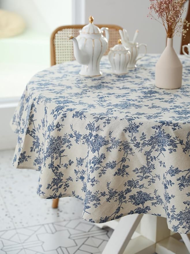 Pastoral Round Tablecloth - 60 Inch Dia. - Linen Fabric Table Cloth - Washable Table Cover with Dust-Proof Wrinkle Resistant for Restaurant, Picnic, Indoor and Outdoor Dining, Floral (Dark Blue)