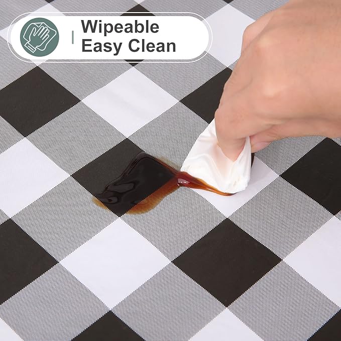 Rectangle Waterproof Vinyl Table Cloth, Buffalo Flannel Backed Tablecloth, Wipeable Plastic Table Cover for Dinner, Kitchen, Outdoor (60" x 84", Black and White)