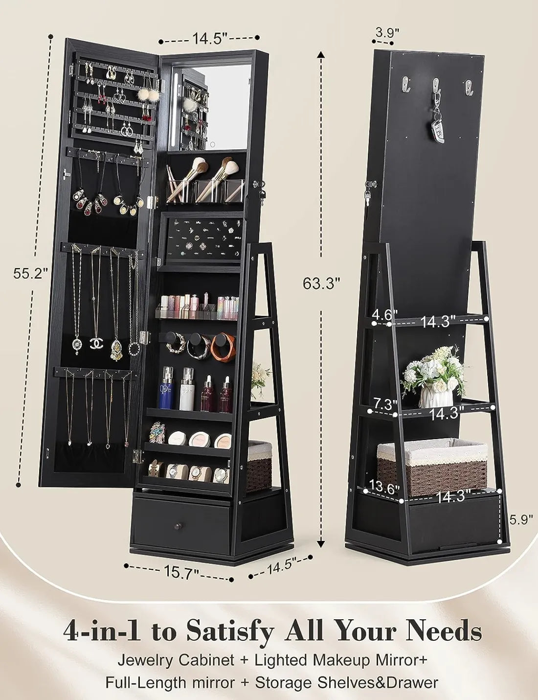 🩸360° Swivel Jewelry Cabinet with Lights, Touch Screen Vanity Mirror, Rotatable Full Length Mirror with Jewelry Storage, Standing Jewelry Armoire Organizer, Foldable Makeup Shelf,